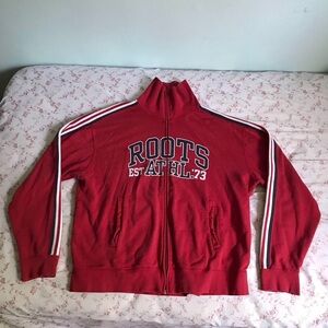 Red Roots zip up sweater with long neck collar